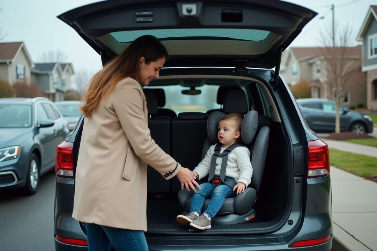 Mère inquiète inspectant un siège réhausseur installé dans le coffre arrière d'un SUV familial