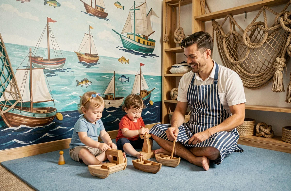 Salle thématique maritime de la micro-crèche Les Matelots à Agde avec enfants jouant et éducateur
