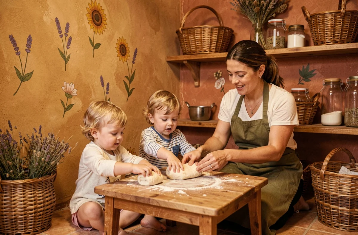 Atelier pâte à modeler à la micro-crèche Lou Mescladou de Saint-André-de-Sangonis avec décor provençal