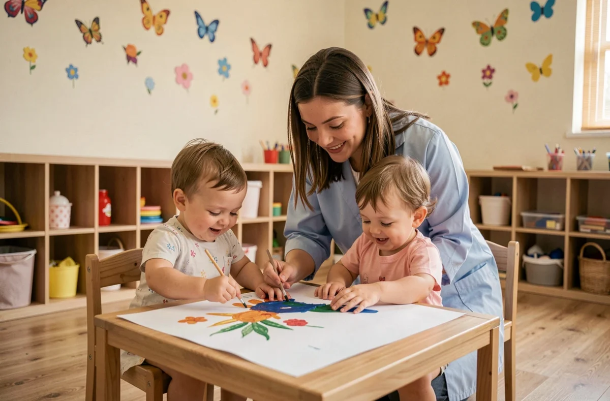 Enfants faisant de la peinture avec les doigts à la micro-crèche Les PéquéLez de Castelnau-le-Lez