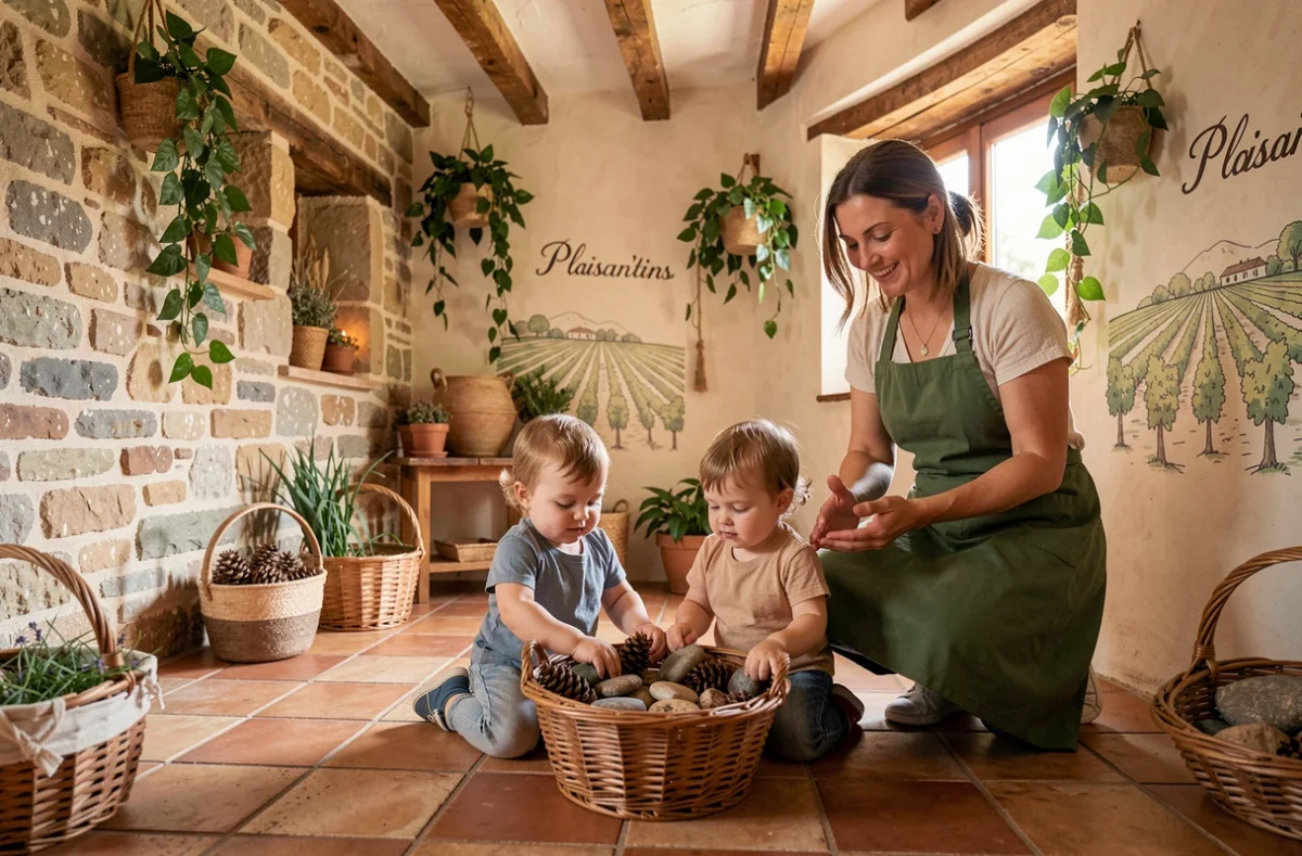 Espace sensoriel de la micro-crèche Plaissan'tins à Plaissan avec décor rustique et enfants en exploration