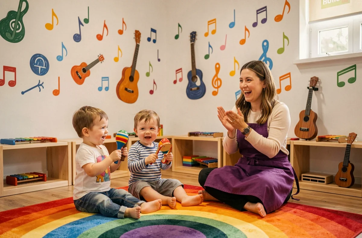 Atelier musique à la micro-crèche Rock'n'Ninos de Nézignan-l'Évêque avec enfants et maracas