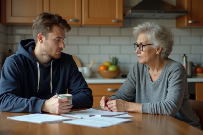 Jeune homme et mère discutent à la cuisine chaleureuse