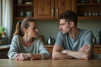 Mère et fils adultes à table cuisine tendus et tristes
