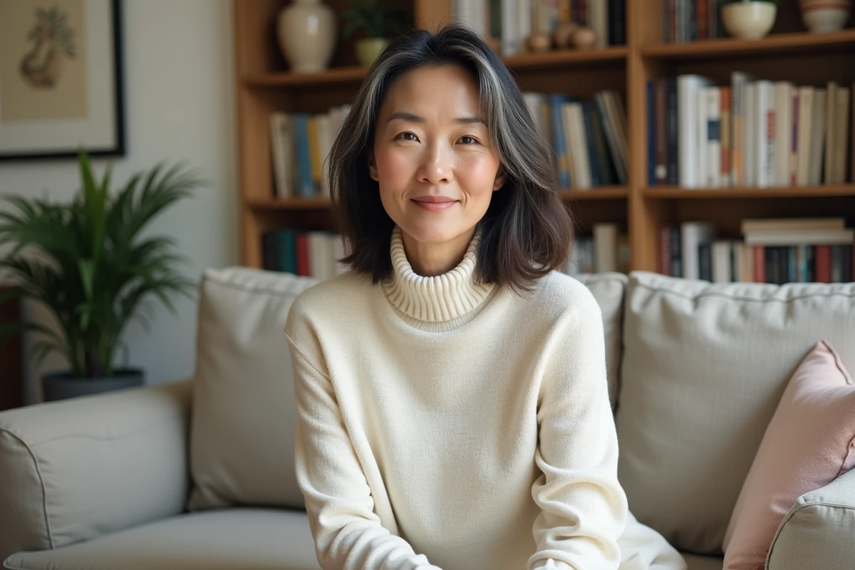 Portrait intimiste d'une femme quinquagénaire aux traits asiatiques dans un appartement parisien décoré avec goût, en lien avec Nathalie Thu Huong Lagier mère des enfants Goldman
