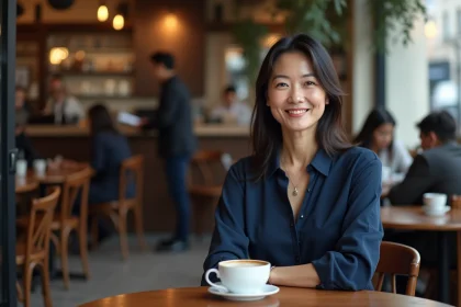 Portrait d'une femme d'une cinquantaine d'années aux origines asiatiques et européennes dans un café parisien, évoquant Nathalie Thu Huong Lagier
