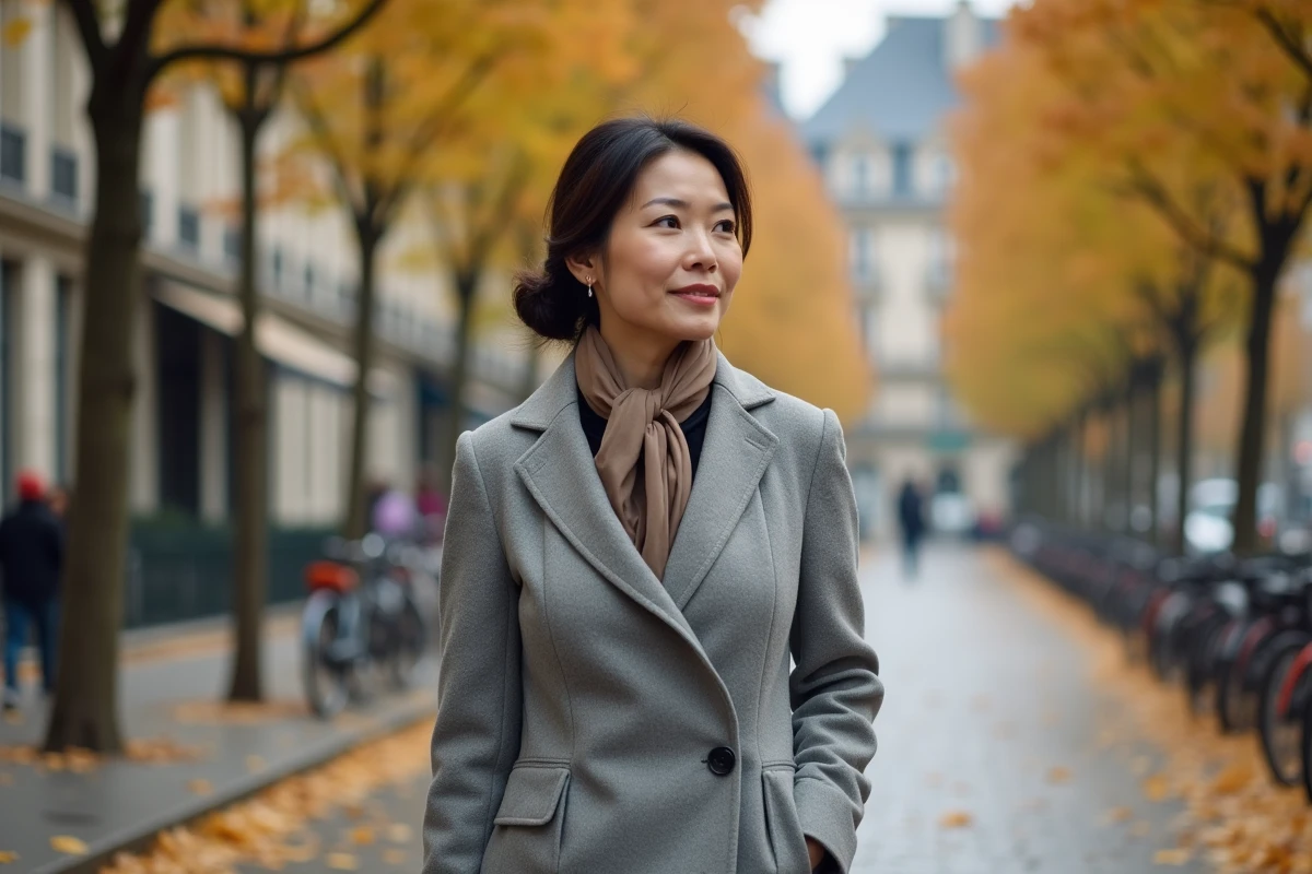 Femme d'origine asiatique et européenne marchant dans une rue parisienne en automne, silhouette élégante rappelant la mère des enfants de Jean-Jacques Goldman