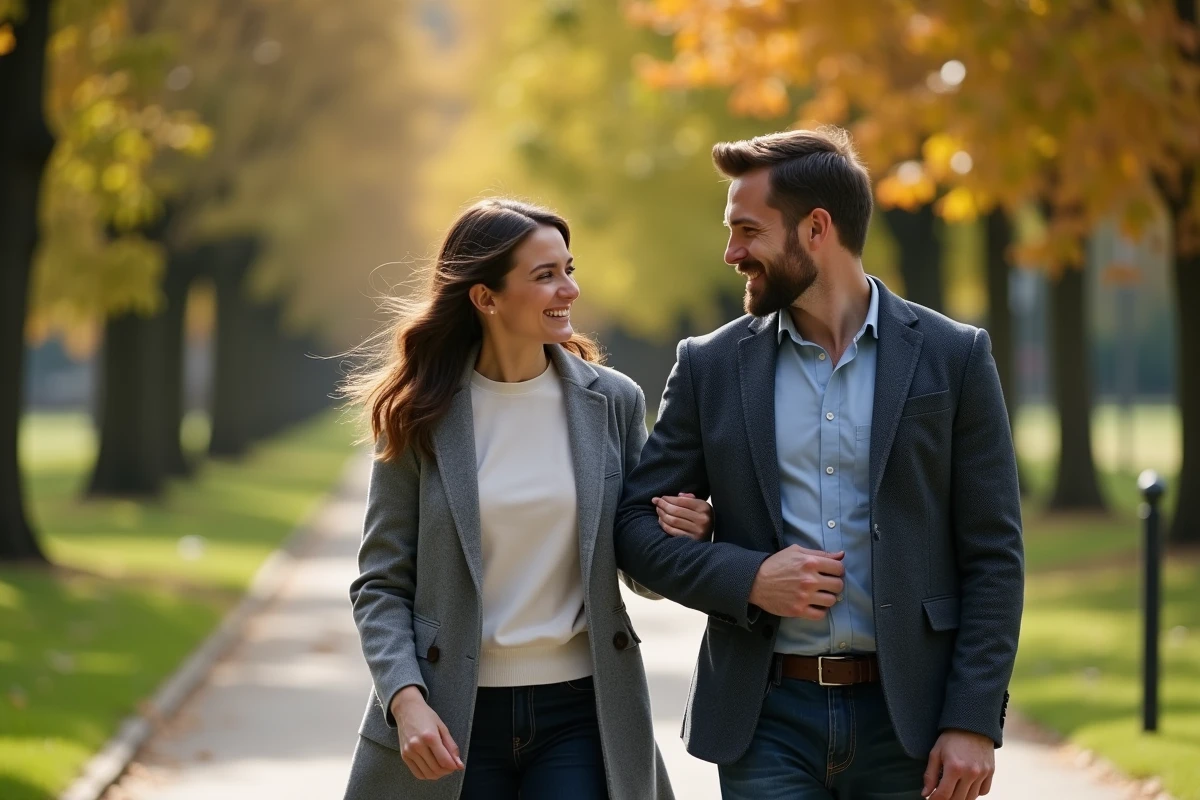 Couple complice se promenant dans un parc en automne, illustration des spéculations sur la vie privée de Noémie Wira et son mari