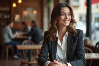 Femme élégante assise dans un café parisien, évoquant l'univers de la personnalité publique Noémie Wira