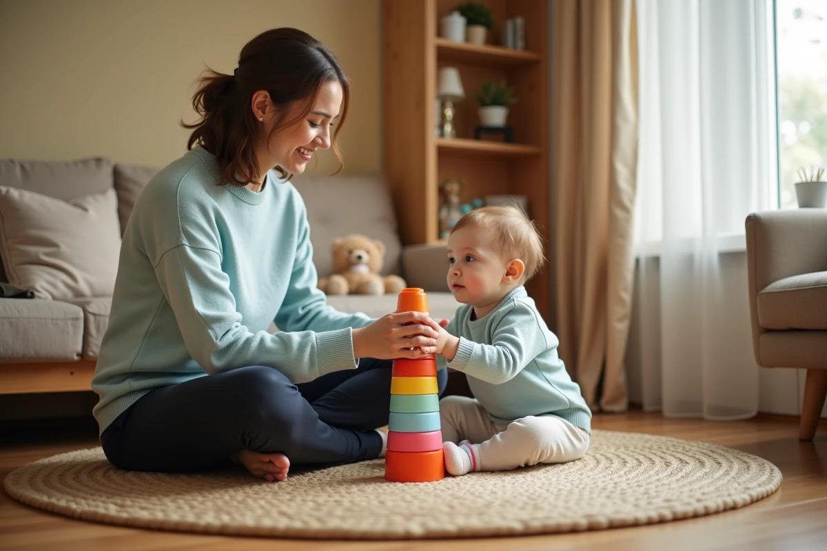 Nounou à domicile jouant avec un enfant en bas âge dans un salon familial chaleureux