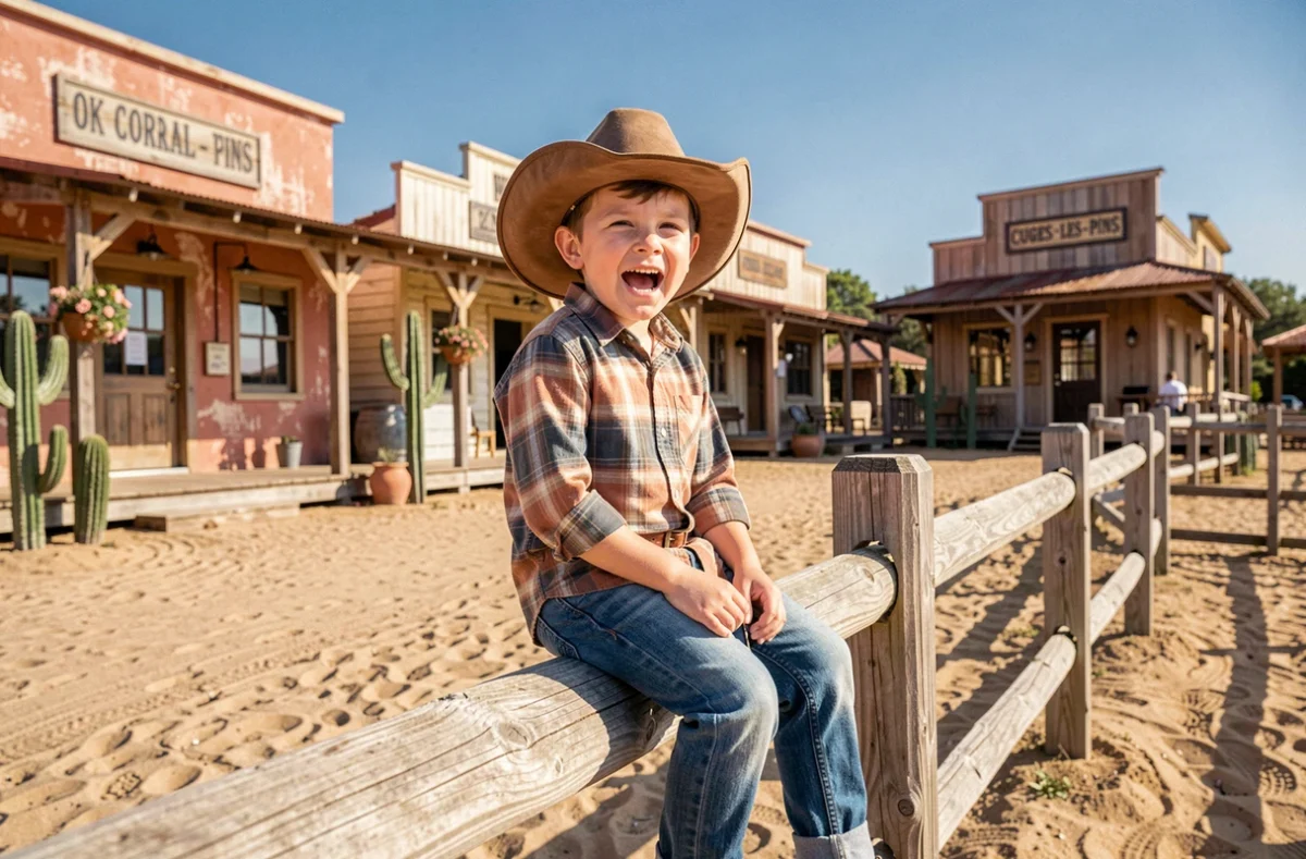 Jeune garçon avec un chapeau de cowboy assis sur une clôture en bois au parc OK Corral à Cuges-les-Pins