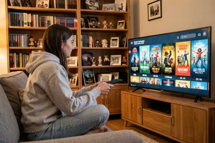 Femme parcourant une liste de films d'animation Disney et Pixar classés par ordre chronologique sur une télévision dans un salon cosy décoré de figurines et de Blu-rays