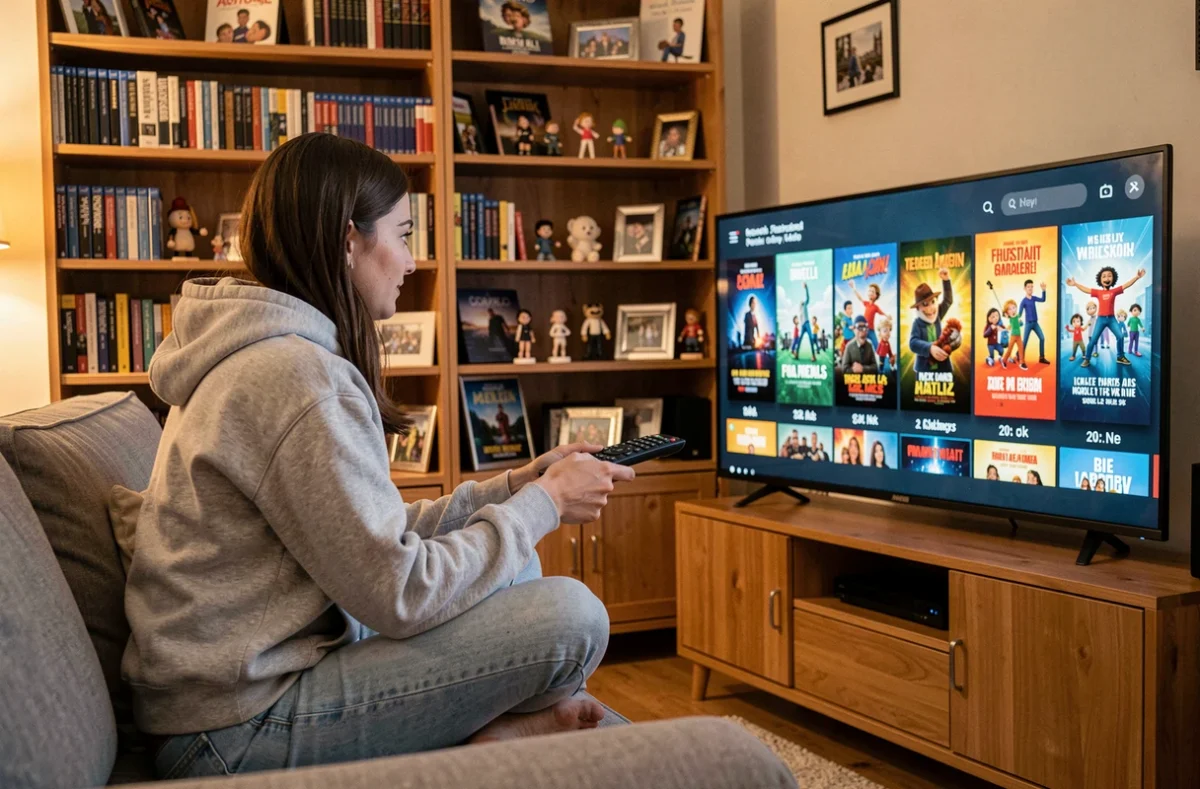 Femme parcourant une liste de films d'animation Disney et Pixar classés par ordre chronologique sur une télévision dans un salon cosy décoré de figurines et de Blu-rays