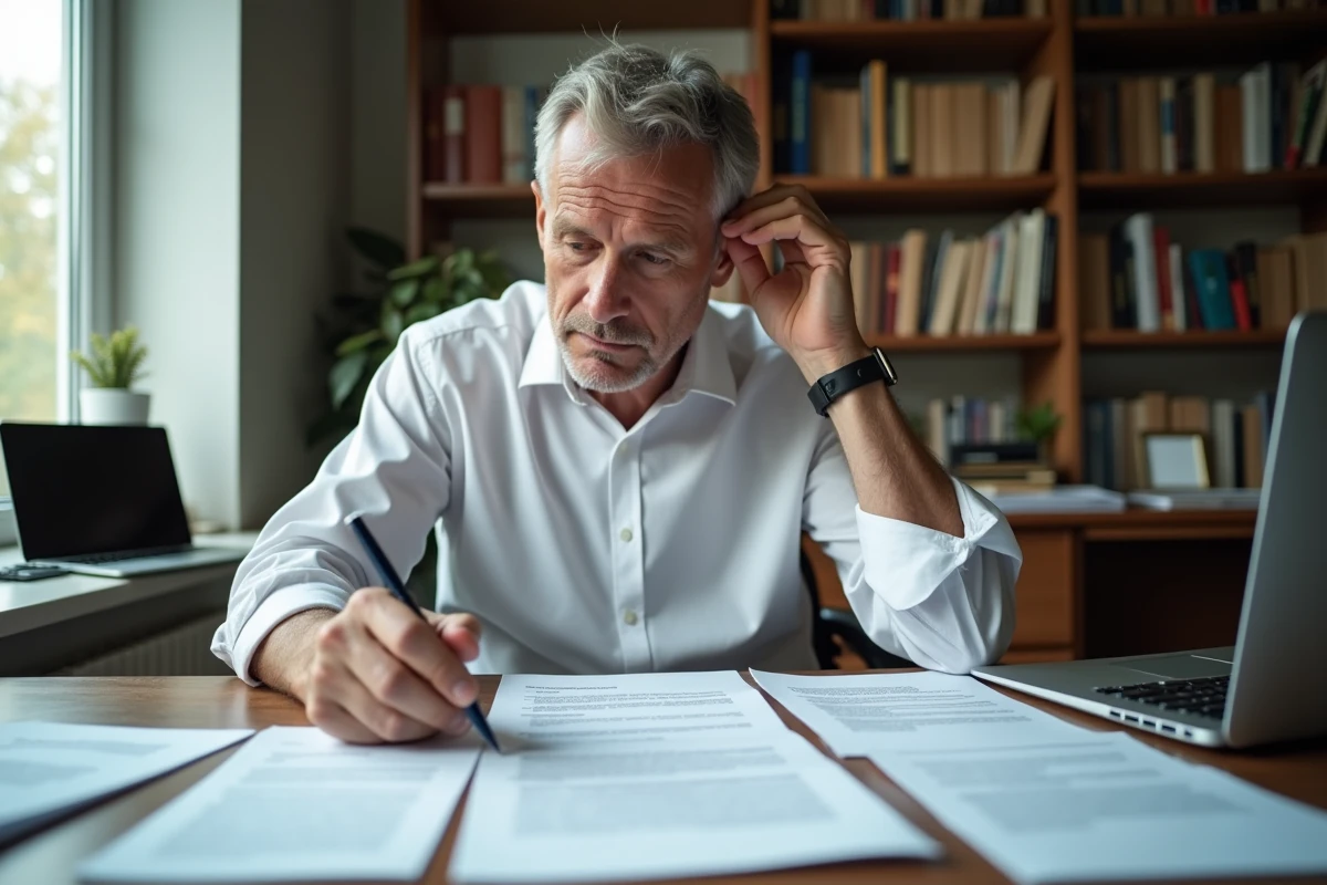 Homme organisant les pages d'un testament olographe avec plusieurs légataires sur un bureau à domicile