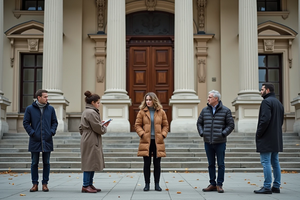 Personnes de différentes régions et générations devant un palais de justice français illustrant les disparités régionales du divorce en France