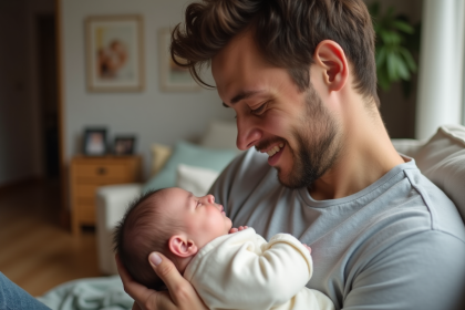 Jeune père souriant avec son bébé dans un salon chaleureux