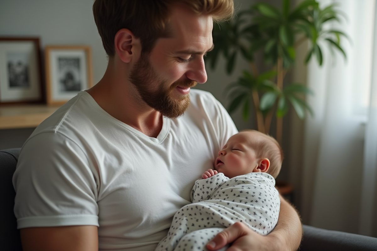 Père jeune berçant son bébé endormi dans un salon moderne