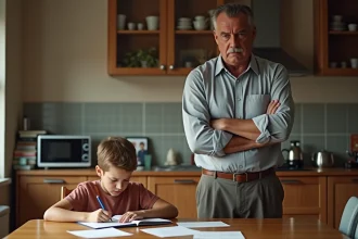 Père et fils en discussion dans la cuisine familiale