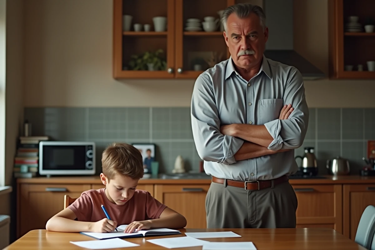 Père et fils en discussion dans la cuisine familiale