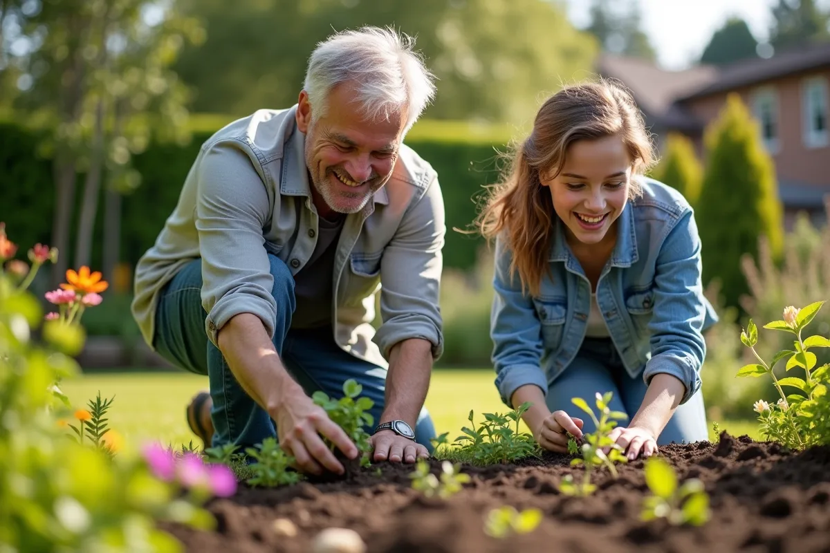 Père et fille plantant des fleurs dans le jardin en plein jour