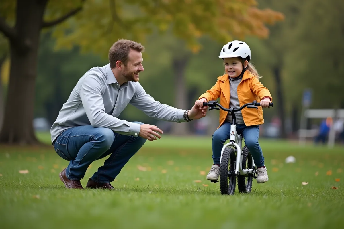 Père aidant sa fille à apprendre à faire du vélo dans le parc