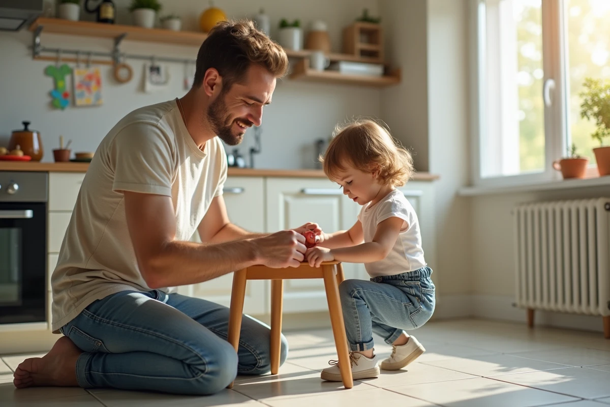Papa aidant sa fille à lacer ses chaussures dans la cuisine