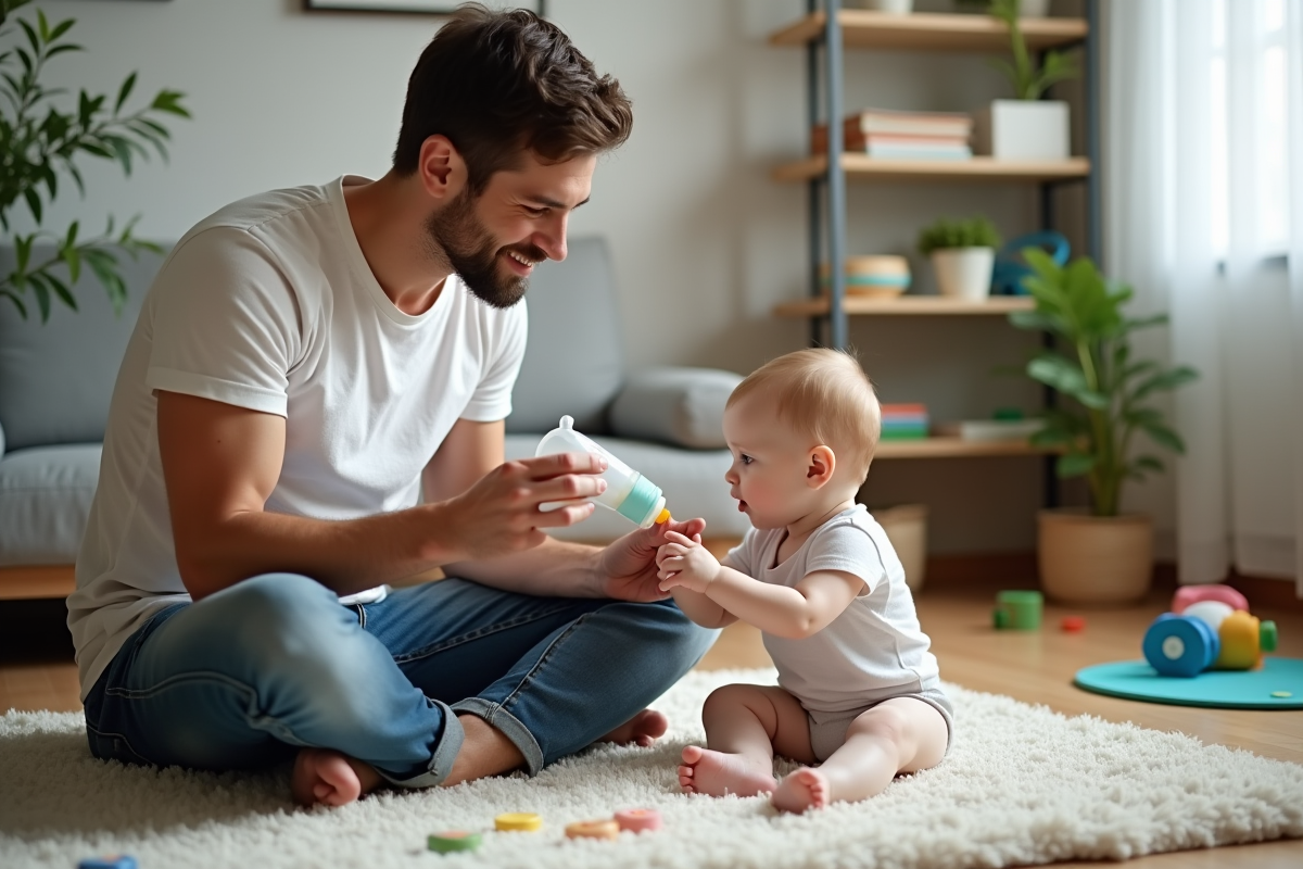 Papa préparant un biberon pour sa fille dans un salon moderne