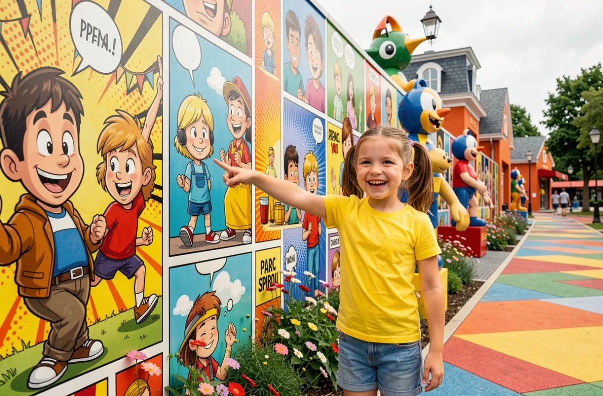 Petite fille enthousiasmée devant une grande fresque BD colorée au Parc Spirou Provence à Monteux