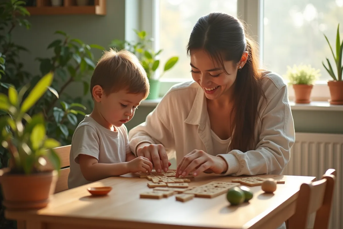 Parent et enfant réalisent une activité Montessori à une table en nature