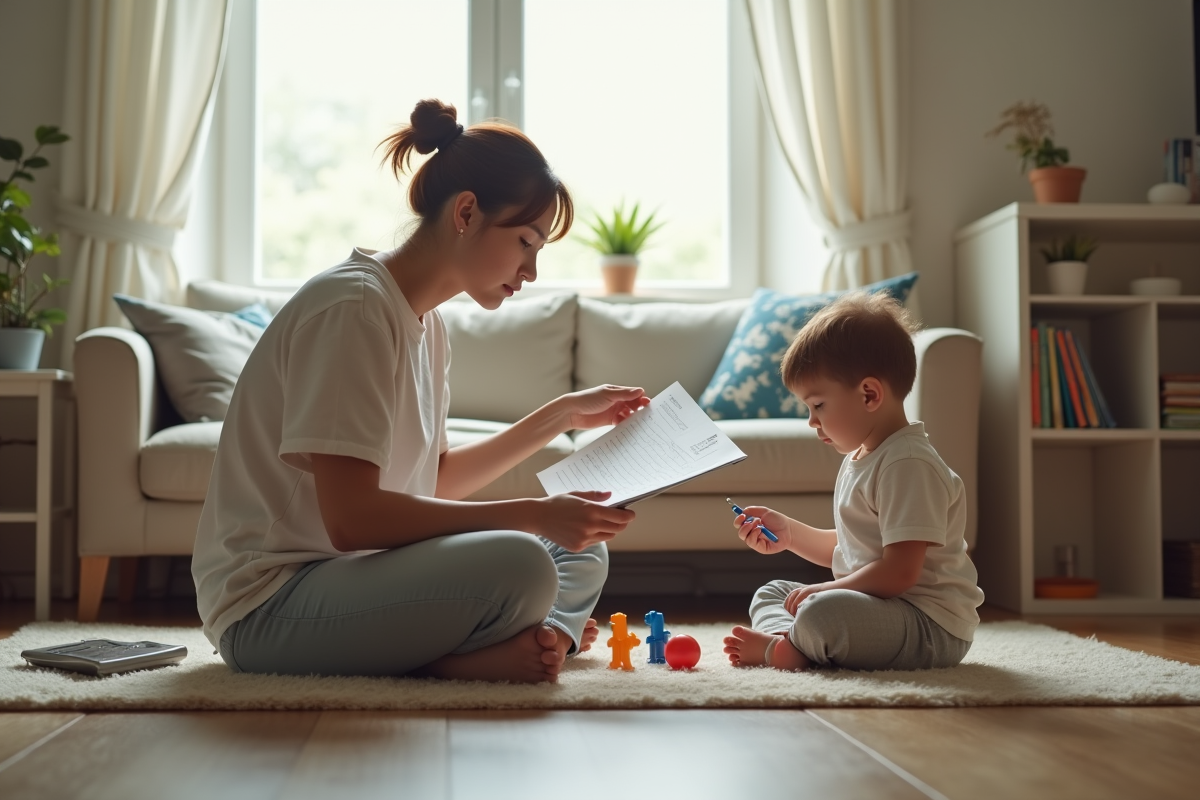 Parent seul avec enfant jouant dans le salon lumineux