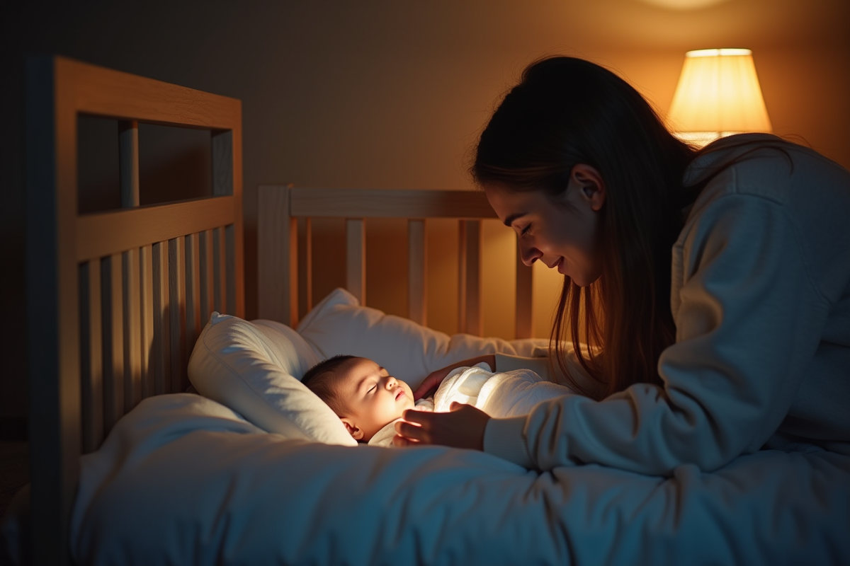 Parent vérifiant doucement bébé endormi dans un lit moderne la nuit