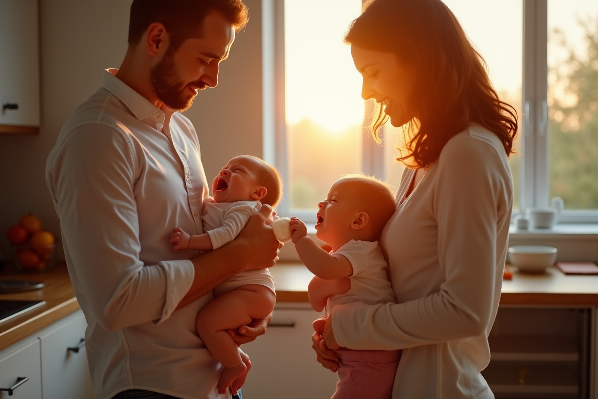 Parents en cuisine au lever du jour avec bébé et enfant en bas âge