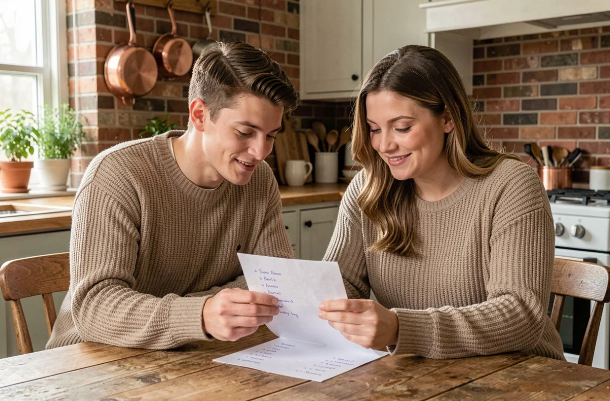 Couple de futurs parents discutant du prénom Léana autour d'une liste de prénoms dans une cuisine rustique