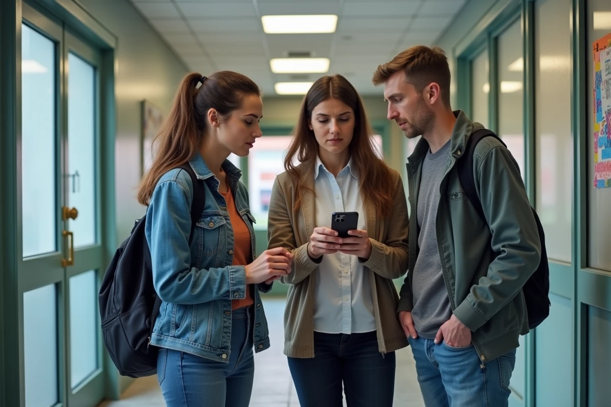 Groupe de parents d'élèves discutant du site maficheclasse.com devant une école primaire française