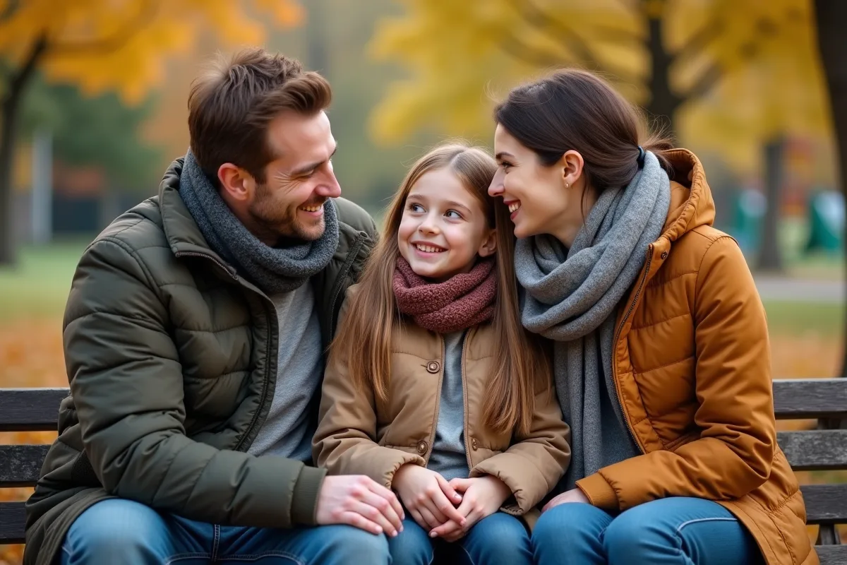 Parents et adolescente assis sur un banc dans un parc d