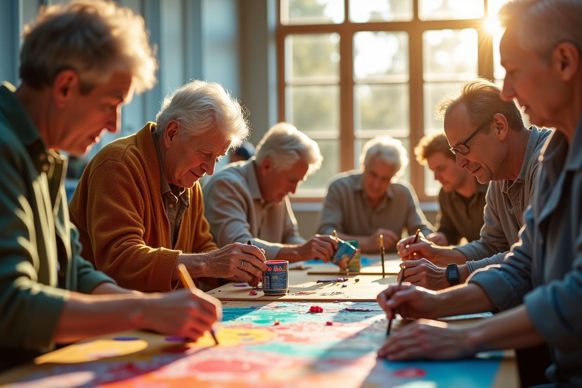 Adultes et seniors peignant une fresque communautaire ensemble