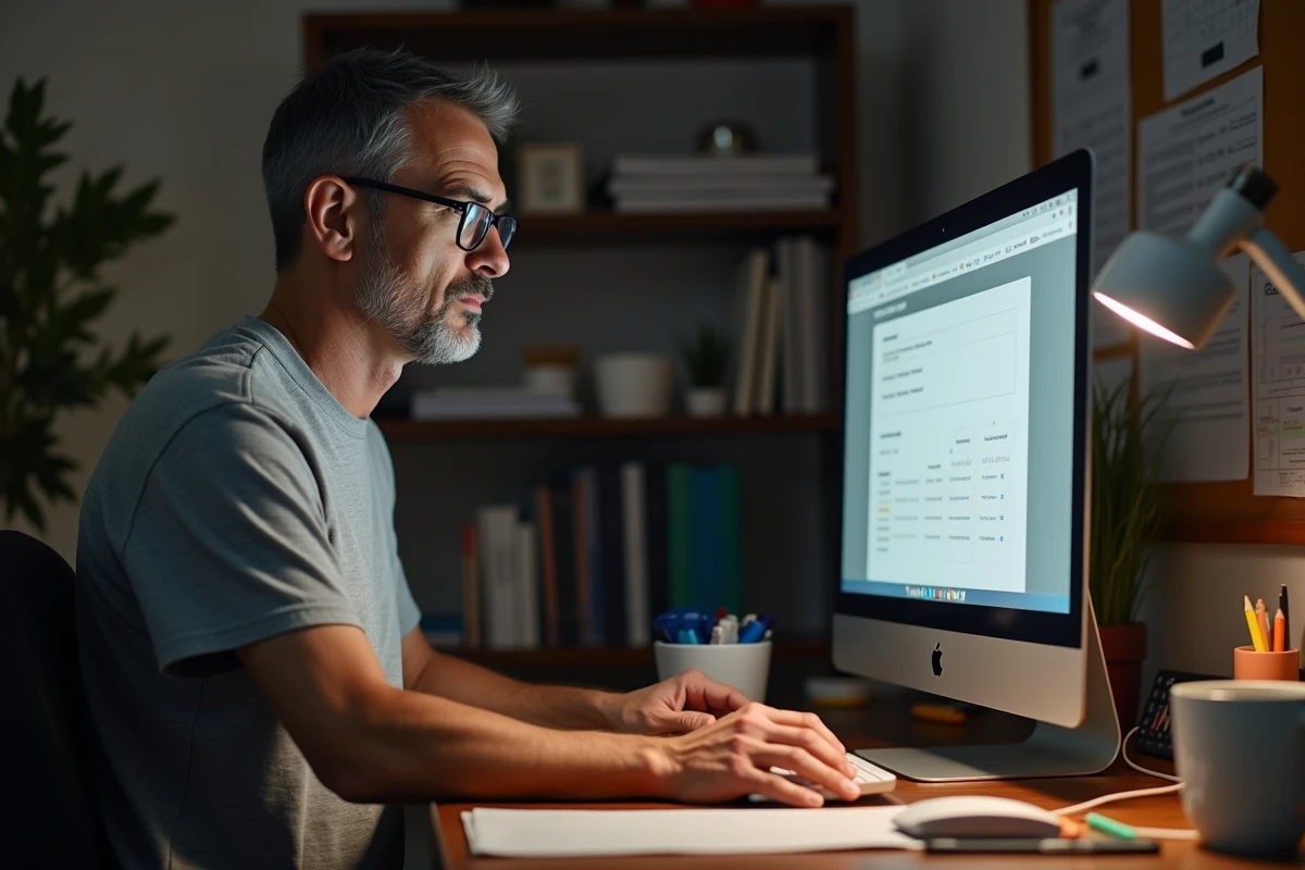 Père d'élève analysant les données scolaires de son enfant sur le site maficheclasse.com depuis son bureau à domicile