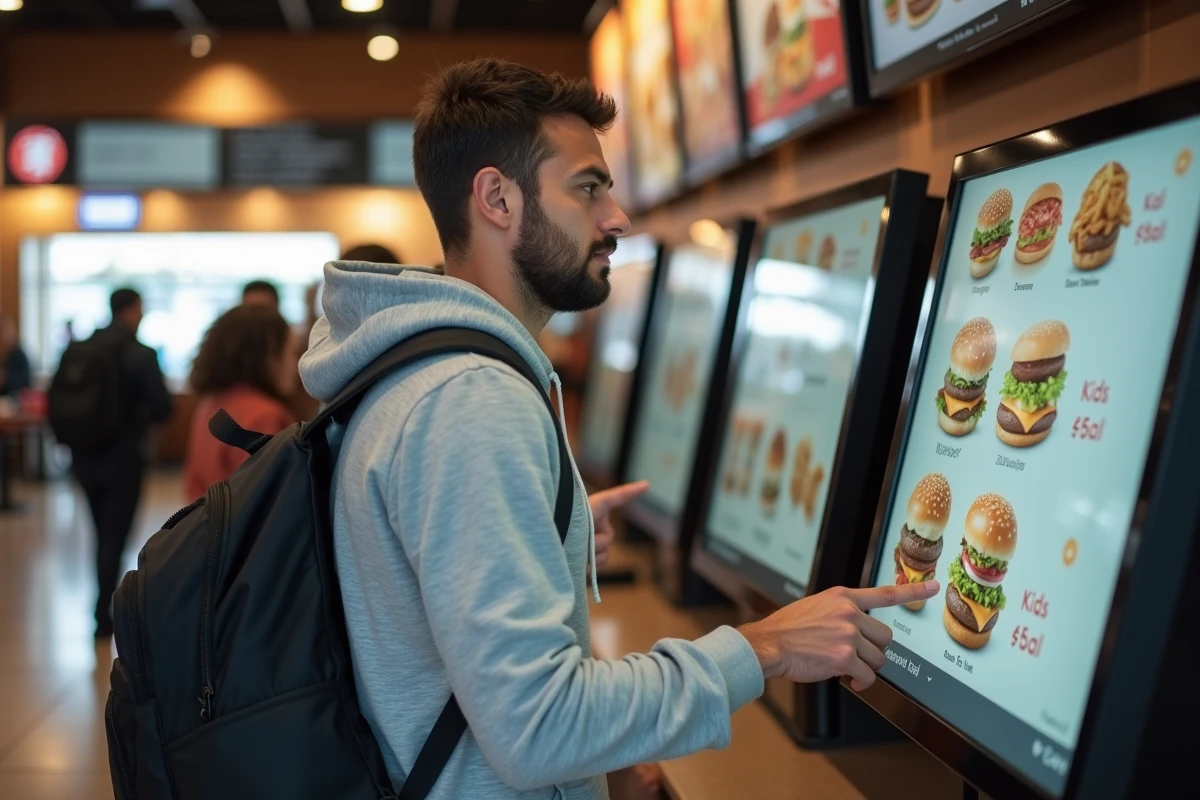 Un père consulte les prix du Happy Meal sur une borne de commande tactile dans un fast-food