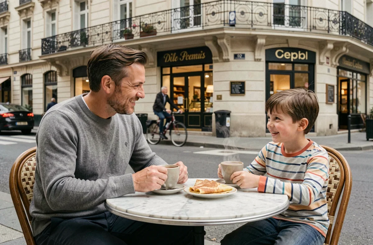 Père et enfant dégustant une crêpe en terrasse de café parisien