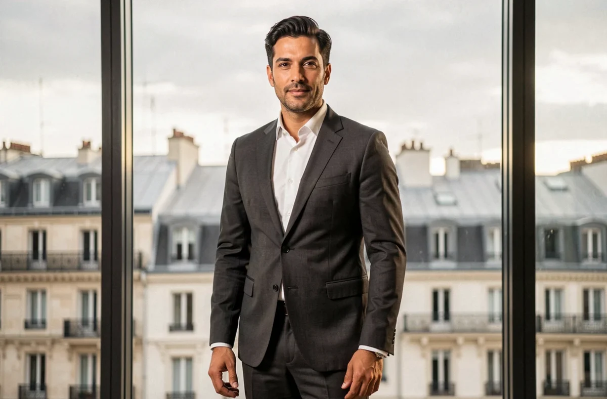 Personnalité médiatique française devant une fenêtre avec vue sur les toits parisiens, portrait en pied style reportage