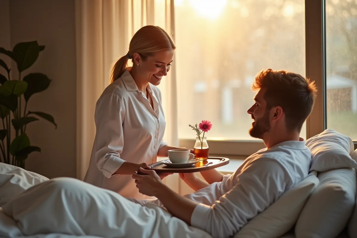 Femme souriante déposant un petit déjeuner sur le lit avec soleil matin