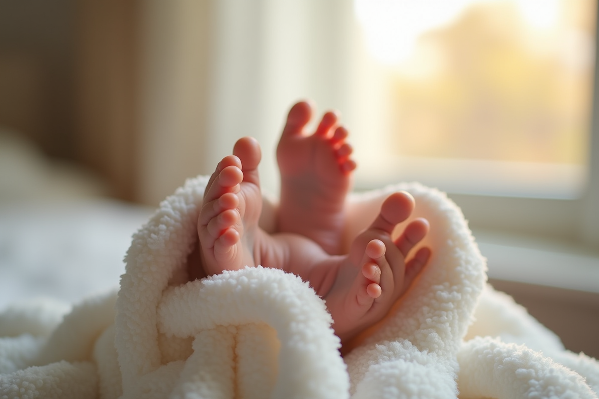 Détails des petits pieds de bébé séchant avec une serviette