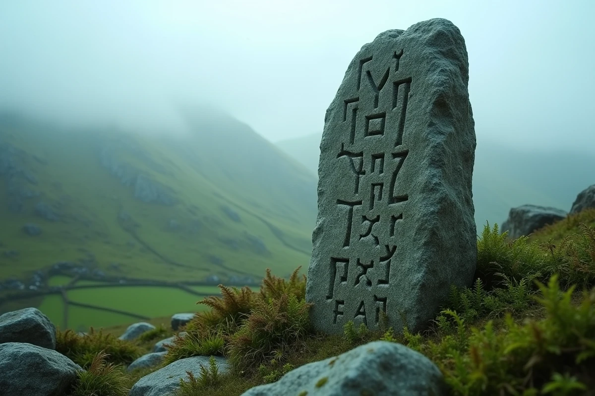 Pierre runique celtique gravée d'inscriptions ogham dressée dans la campagne galloise brumeuse, symbole des origines celtiques du prénom Arthur