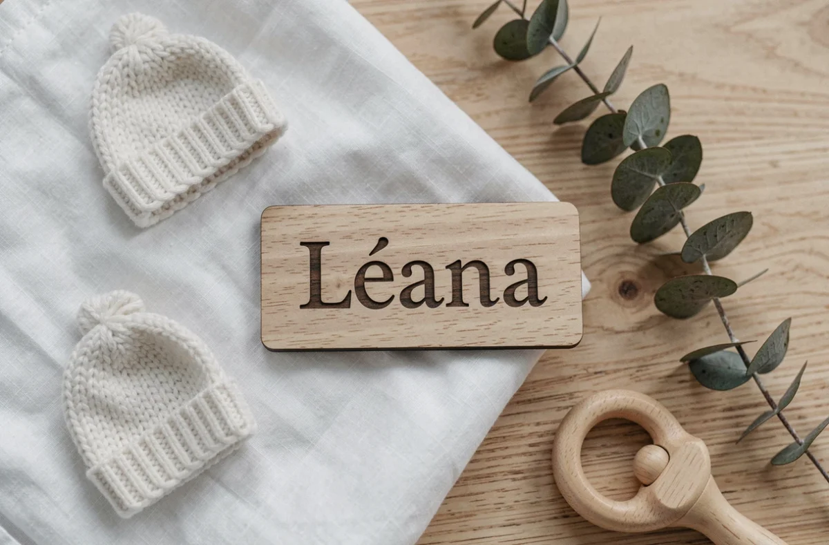 Plaque prénom Léana en bois posée sur une couverture de bébé avec accessoires de naissance