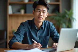 Portrait d'un jeune homme d'origine asiatique en chemise bleue, assis à un bureau moderne, évoquant un profil de personnalité publique