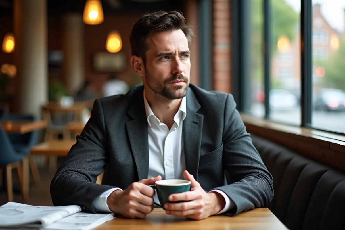 Portrait d'un homme d'une quarantaine d'années seul dans un café, regard pensif, ambiance éditoriale illustrant les rumeurs autour de la vie privée d'un personnage public