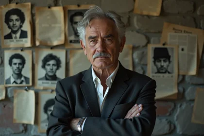 Portrait d'un homme en costume sombre devant un mur de coupures de presse vintage évoquant le mythe criminel de Jacques Mesrine