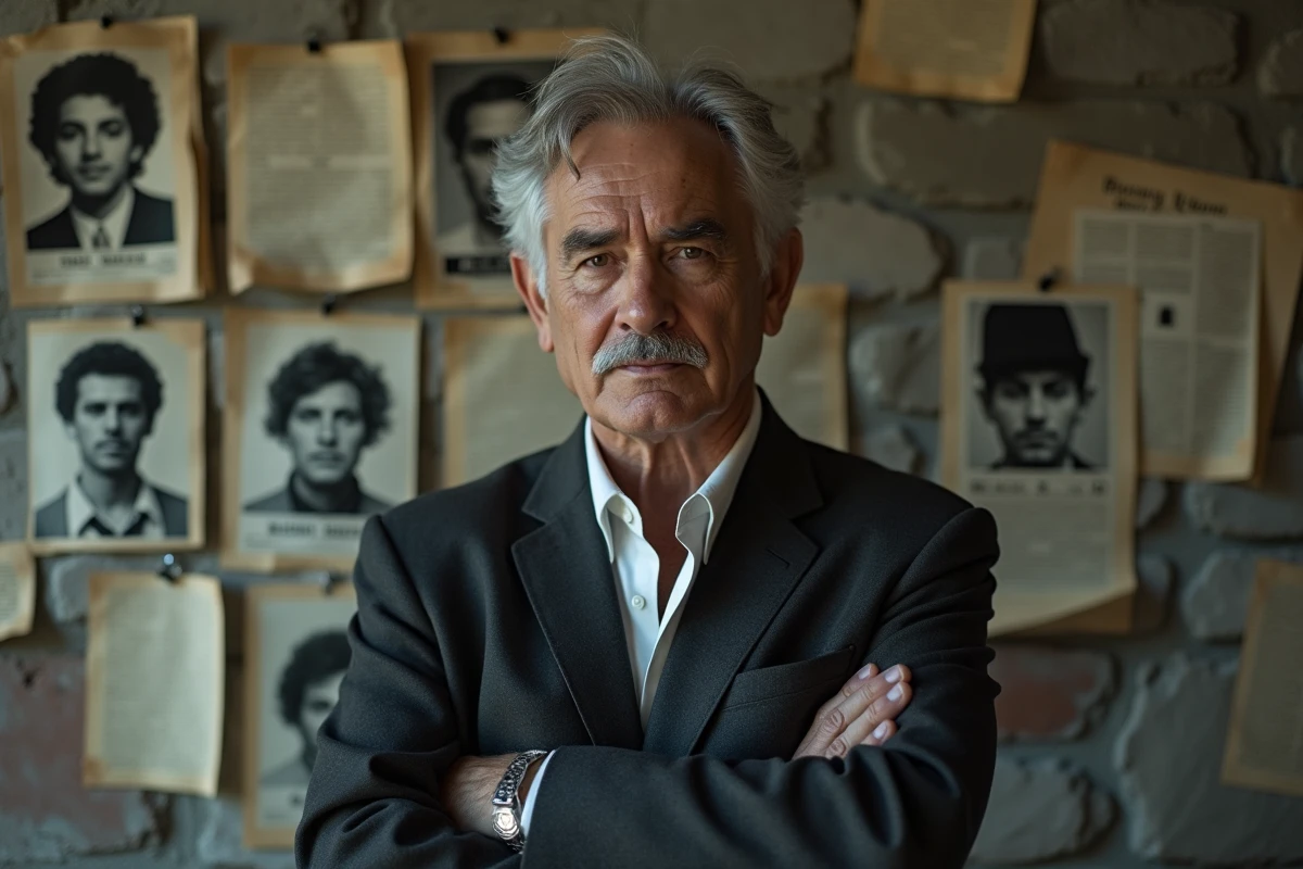Portrait d'un homme en costume sombre devant un mur de coupures de presse vintage évoquant le mythe criminel de Jacques Mesrine
