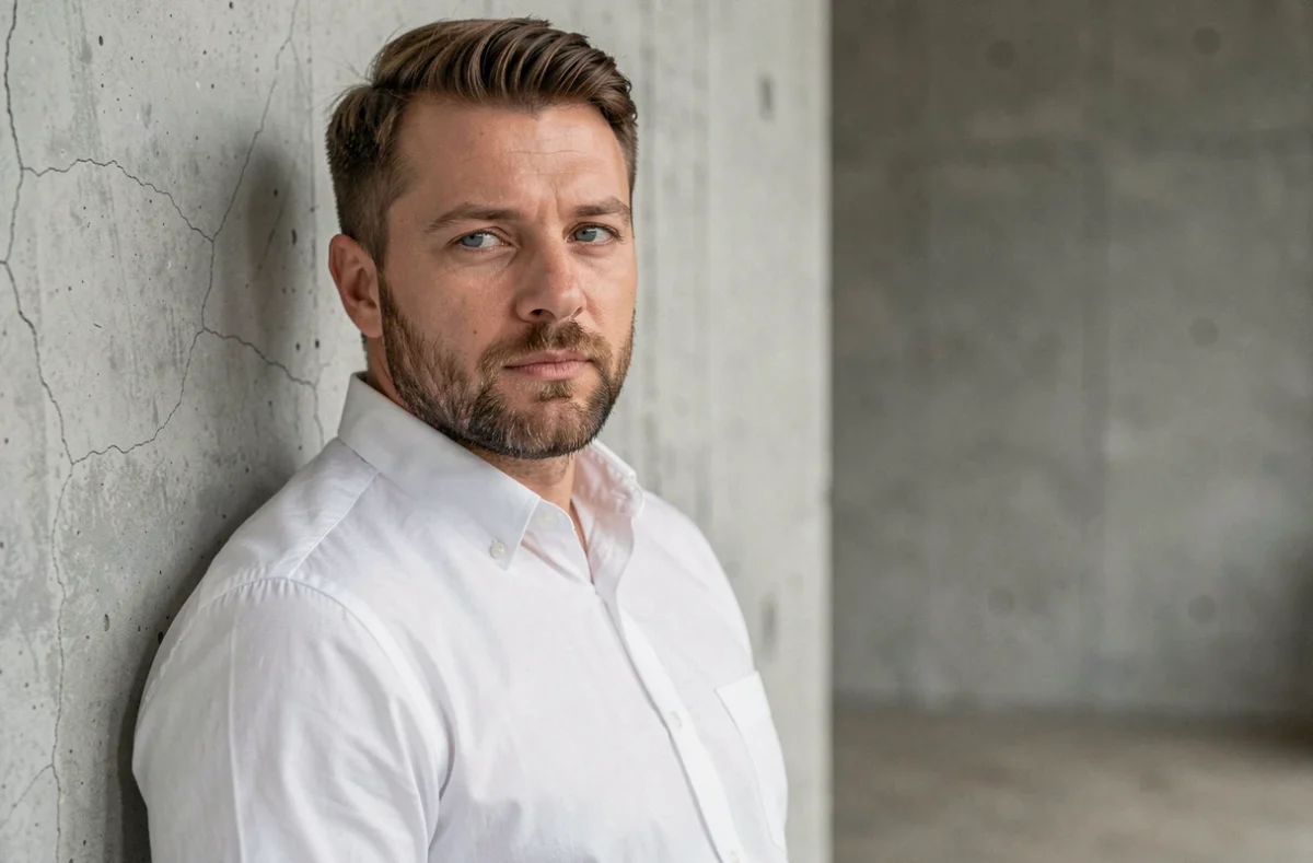 Portrait en studio d'un homme adulte au regard posé et au caractère fort, illustrant la personnalité associée au prénom Evan