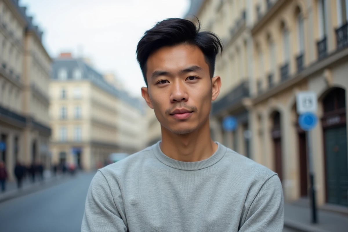 Jeune homme d'origine asiatique en pull gris posant dans une rue parisienne, portrait éditorial illustrant personnalité française